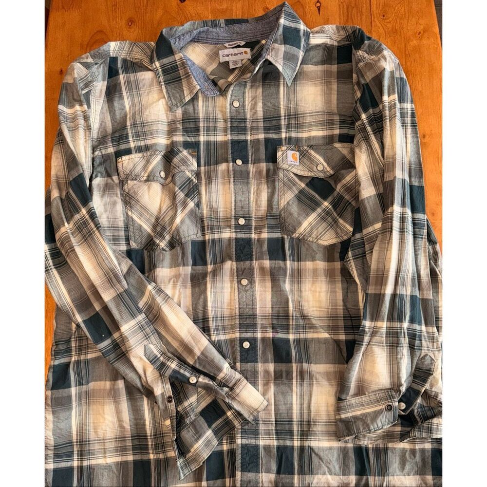 Carhartt Relaxed Fit Green Plaid Pearl Snap Shirt SZ 2XL‎ Country Western Cowboy